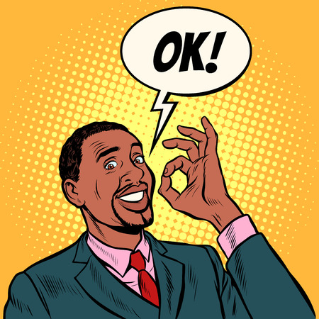 OK african man businessman. hand gesture okay. success good. Pop art retro vector illustration vintage kitsch 50s 60s