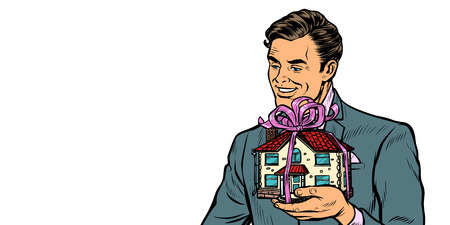 Businessman selling real estate, house as a gift. isolate on white background Pop art retro vector illustration drawing kitsch vintageのイラスト素材