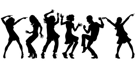 silhouettes collection set. young people dancing. men women boys girls. Pop art retro vector illustration kitsch vintageのイラスト素材