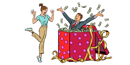 woman happy surprise. man with money gift. isolate on white background. Pop art retro vector illustration kitsch vintageのイラスト素材