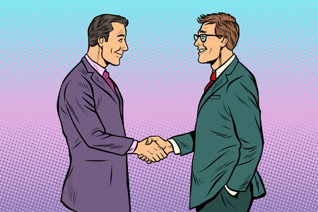 caucasian businessmen men handshake. Pop art retro vector illustration vintage kitsch 50s 60sのイラスト素材