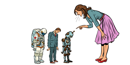 The woman scolds businessman, spaceman and robot. Pop art retro vector illustration vintage kitsch 50s 60sの販売画像