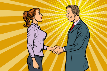 businessman and businesswoman handshake. Pop art retro vector illustration vintage kitsch 50s 60sのイラスト素材