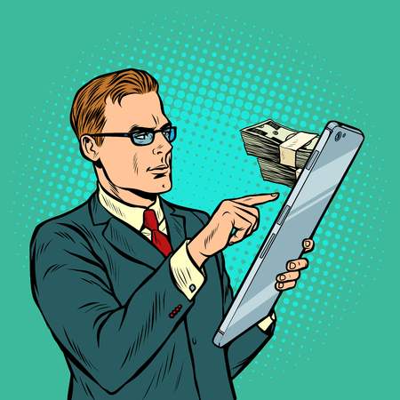 online banking. exchange, income and purchases. businessman and smartphone with large screen. Pop art retro vector illustration vintage kitsch 50s 60sのイラスト素材