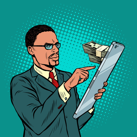 online banking. exchange, income and purchases. african businessman and smartphone with large screen. Pop art retro vector illustration vintage kitsch 50s 60sのイラスト素材