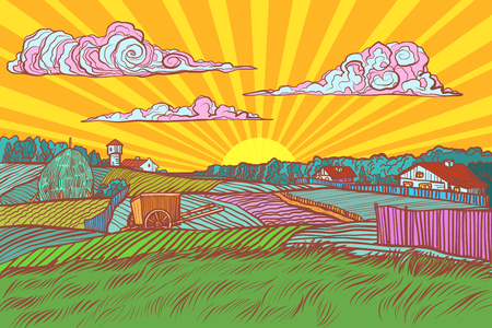 Pop art rural landscape sun sunrise morning. retro vector illustration vintage kitsch 50s 60sのイラスト素材