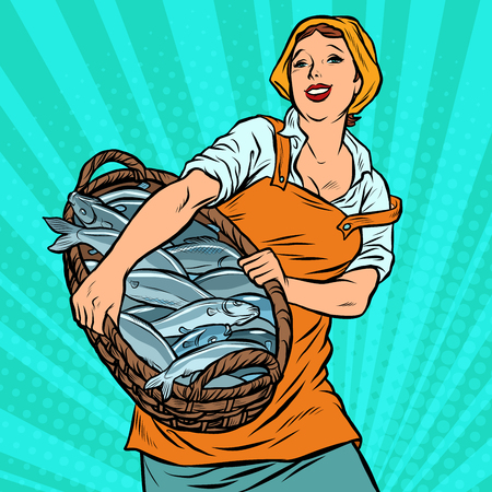 woman fisherman with a basket of fish. oceanic herring and cod. traditional craft. Pop art retro vector illustration vintage kitschのイラスト素材