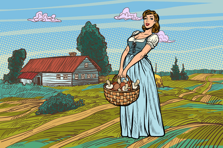 village woman with a basket of mushrooms. Pop art retro vector illustration vintage kitschのイラスト素材