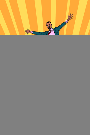 african businessman at the top of the mountain. Pop art retro vector illustration vintage kitschのイラスト素材
