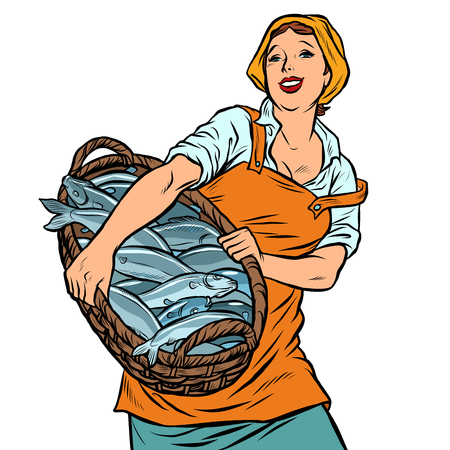 woman fisherman with a basket of fish. oceanic herring and cod. Pop art retro vector illustration vintage kitschのイラスト素材