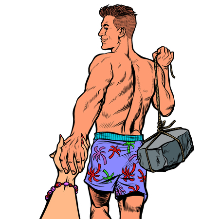 follow me swimmer with a rock isolate on white backgroundのイラスト素材