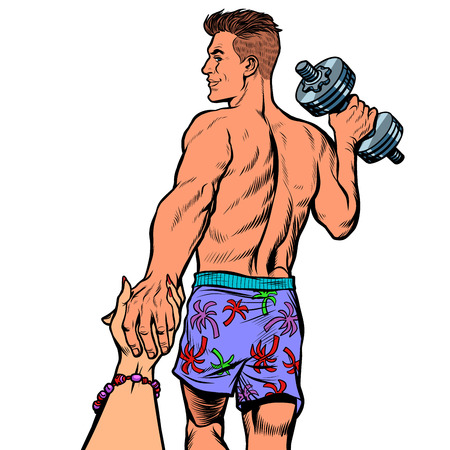 follow me man with dumbbellsのイラスト素材