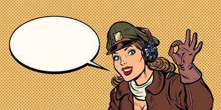 okay gesture. girl woman retro Aviator pilot. Pop art vector illustration vintage kitschのイラスト素材