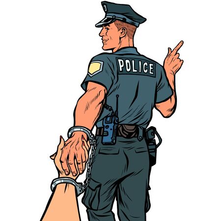 follow me police officer arrested woman. love and marriage concept. isolate on white background Pop art retro vector illustration kitsch vintageのイラスト素材