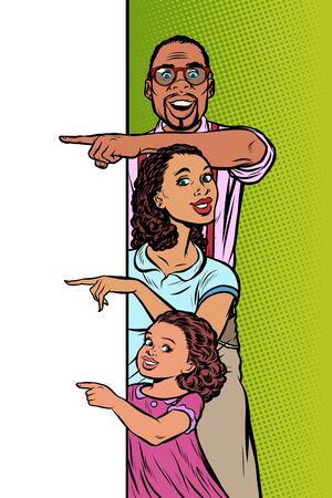 announcement advertising. African American family husband, wife and daughter pointing to copy space. Pop art retro vector Illustrator vintage kitsch drawingのイラスト素材