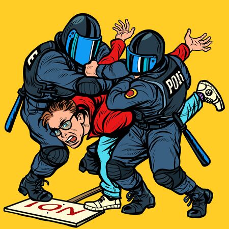 Police detain a protester, the violence against the opposition. Pop art retro vector Illustrator vintage kitsch drawingのイラスト素材