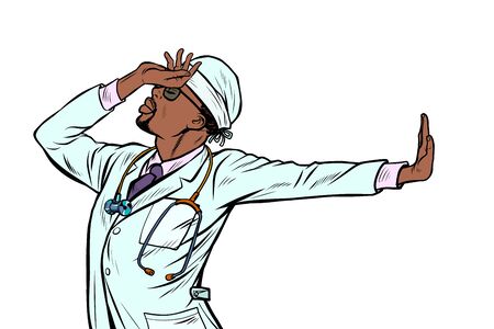 african doctor man medicine. shame, denial gesture, no. Pop art retro vector Illustrator vintage kitsch drawingのイラスト素材