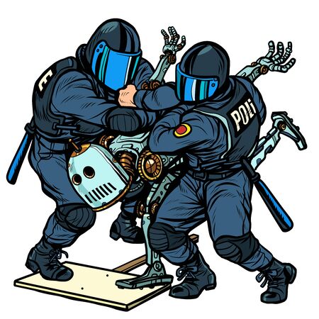 Fighting the future. Police arrest a protesting robot. Pop art retro vector Illustrator vintage kitsch drawingのイラスト素材