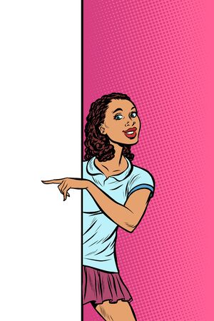 African girl student points to copy space poster advertising. Pop art retro vector Illustrator vintage kitsch drawingのイラスト素材