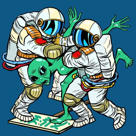 Astronauts arrested an alien. Pop art retro vector illustration drawingのイラスト素材