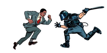 protesting african man. riot police with a baton. the rights of blacks. Pop art retro vector illustration drawingのイラスト素材