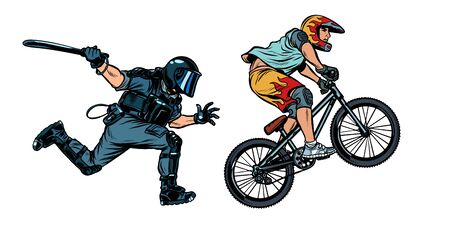 extreme sports cyclist. riot police with a baton. Pop art retro vector illustration drawingのイラスト素材
