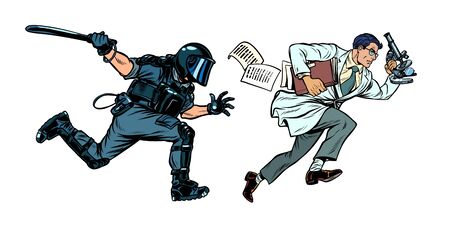 the government is against science. riot police with a baton. Pop art retro vector illustration drawingのイラスト素材