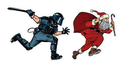 Santa Claus Christmas. riot police with a baton. discrimination against Christians. Pop art retro vector illustration drawingのイラスト素材