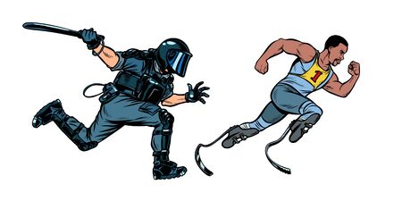 discrimination against persons with disabilities. athlete runner. riot police with a baton. Pop art retro vector illustration drawingのイラスト素材