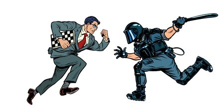 intelligence versus strength. chess player and riot police with a baton. Pop art retro vector illustration drawingのイラスト素材