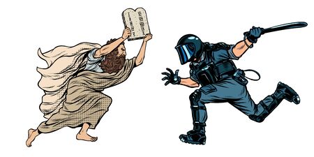 discrimination against Christians and religion. Moses with the Bible. riot police with a baton. Pop art retro vector illustration drawingのイラスト素材