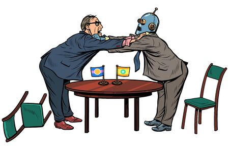 policy diplomacy and negotiations. Fight opponents. man versus robot. new technologies and progress concept. Pop art retro vector illustration drawingのイラスト素材
