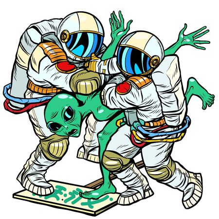 Astronauts arrested an alien. green man at a protest rally. Pop art retro vector illustration drawingのイラスト素材
