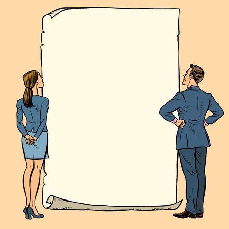 man and woman blank banner. Pop art retro vector illustration drawingのイラスト素材