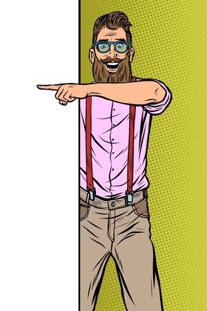 hipster man. Point to copy space poster. Pop art retro vector Illustrator vintage kitsch drawingのイラスト素材