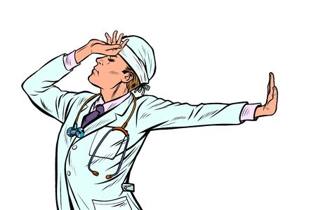 Caucasian doctor man medicine. shame, denial gesture, no. Pop art retro vector Illustrator vintage kitsch drawingのイラスト素材