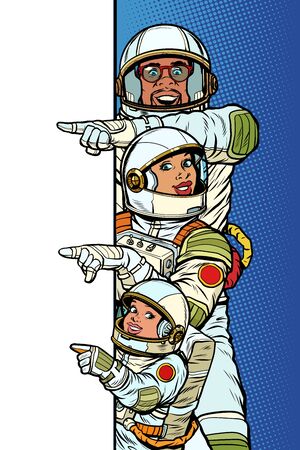 multi race family astronauts mom dad and son. Point to copy space posterのイラスト素材