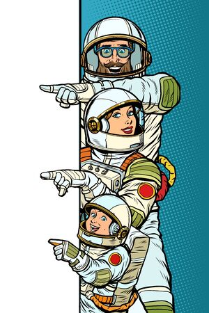Family astronauts mom dad and son. Point to copy space posterのイラスト素材