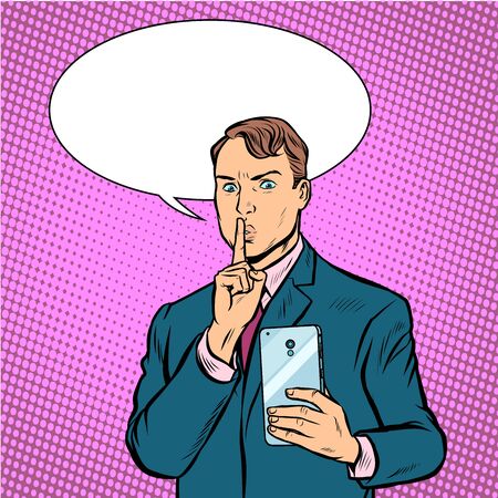 serious man takes pictures on a smartphone. Pop art retro vector illustration drawingのイラスト素材