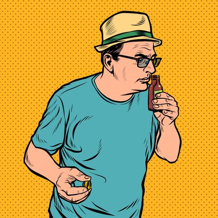 a man sniffs a bottle. perfume or medicine. Pop art retro vector illustration drawingのイラスト素材
