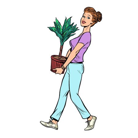 a woman carries a pot with a potted plant. Pop art retro vector illustration drawingのイラスト素材
