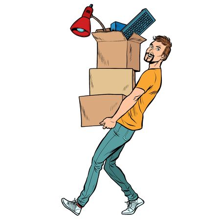 man with boxes moving. Pop art retro vector illustration drawingのイラスト素材