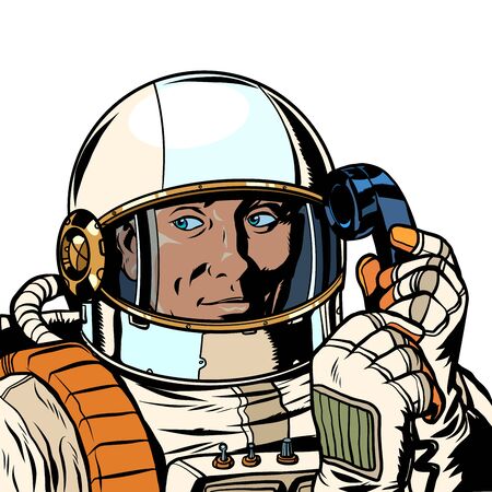 serious astronaut talking on a retro phone. isolate on white background. Pop art retro vector illustration drawingのイラスト素材