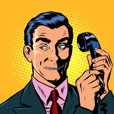 mouth shut. serious man talking on a retro phone. Pop art retro vector illustration drawingのイラスト素材