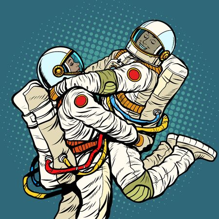couple in love astronaut man and woman. love romance hugs. Pop art retro vector illustration drawingのイラスト素材