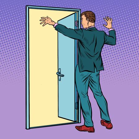 A man opens the door, greeting. Pop art retro vector illustration drawingのイラスト素材