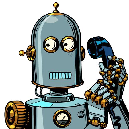 scared funny robot talking on a retro phone. isolate on white background. Pop art retro vector illustration drawingのイラスト素材