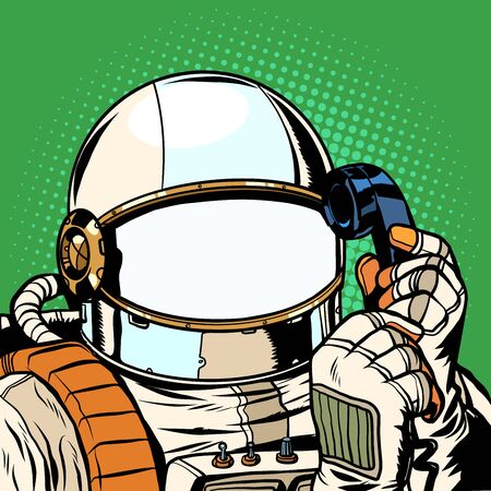 The astronaut is talking on the phone. empty spacesuit template. Pop art retro vector illustration drawing