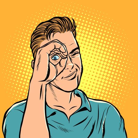 man look telescope hand. Pop art retro vector illustration drawingのイラスト素材