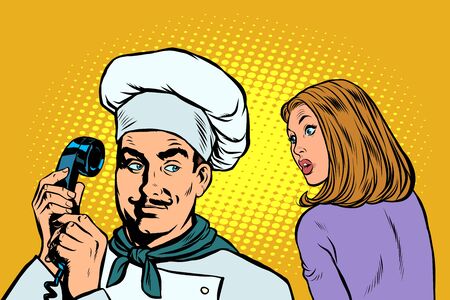 chef on the phone, a woman client listens. Pop art retro vector illustration drawingのイラスト素材